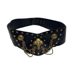 Laise Adzer Vtg Black & Gold Studded Chain Belt Fleur De Lis Buckle‎ Oversized